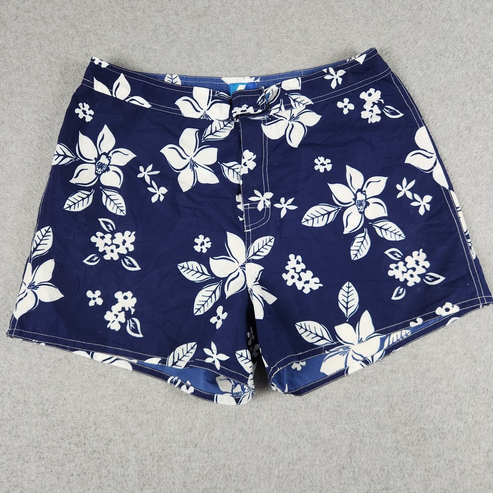 BW Sport Shorts Womens 12 Blue White Tropical Hibiscus Classic Fit Flat Front